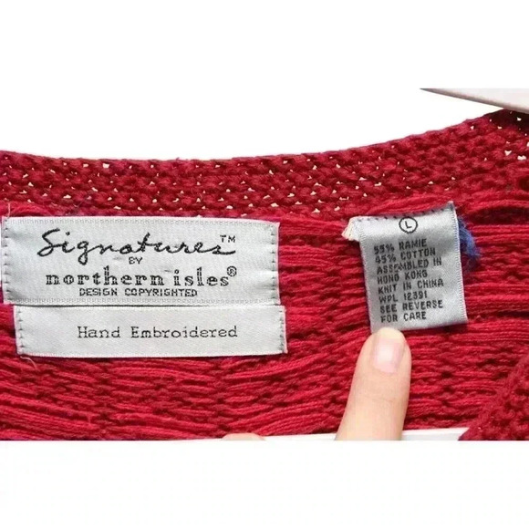 Vintage 90s Hand Embroidered Cardigan Sweater Size Large Ramie Cotton Grandma - Picture 8 of 12